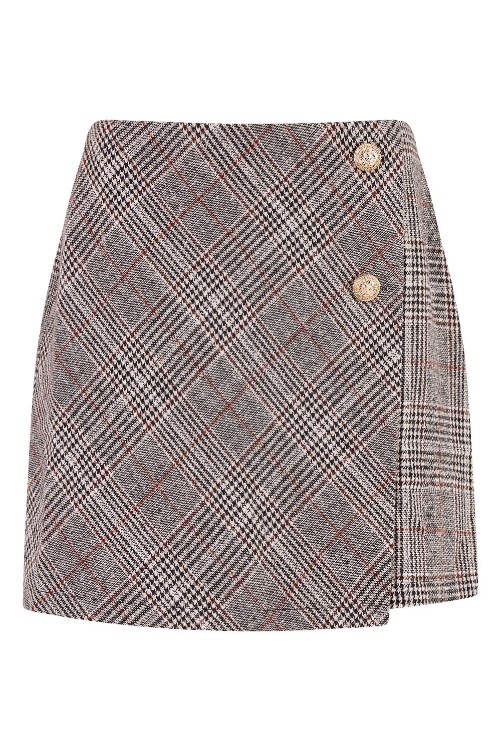 Mela Grey Checked Wrap Mini Skirt With Button Detail Mela