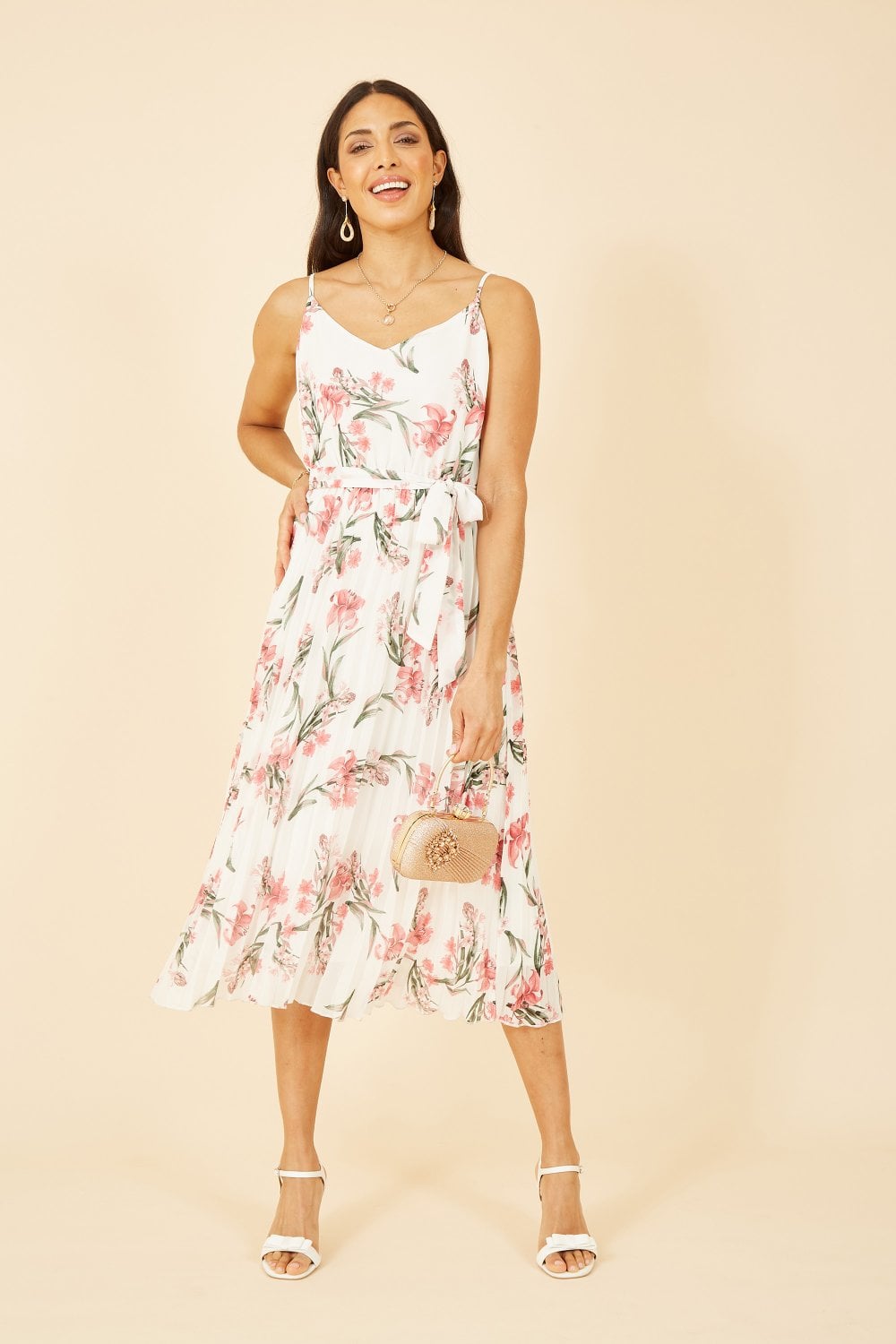 Mela Ivory Floral Strappy Pleated Midi Dress Mela