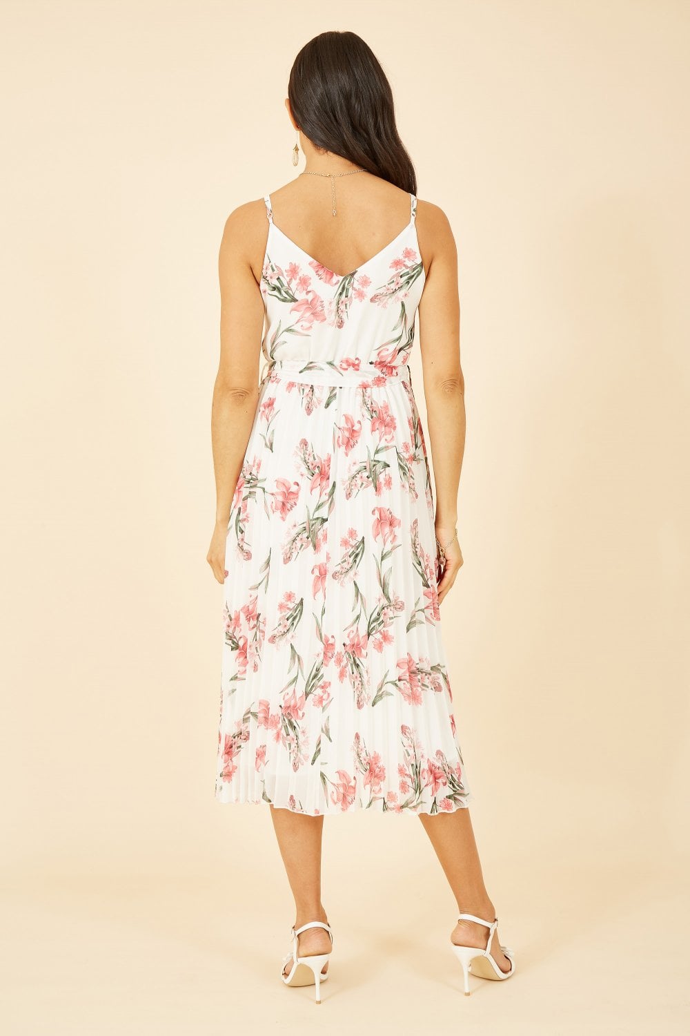 Mela Ivory Floral Strappy Pleated Midi Dress Mela