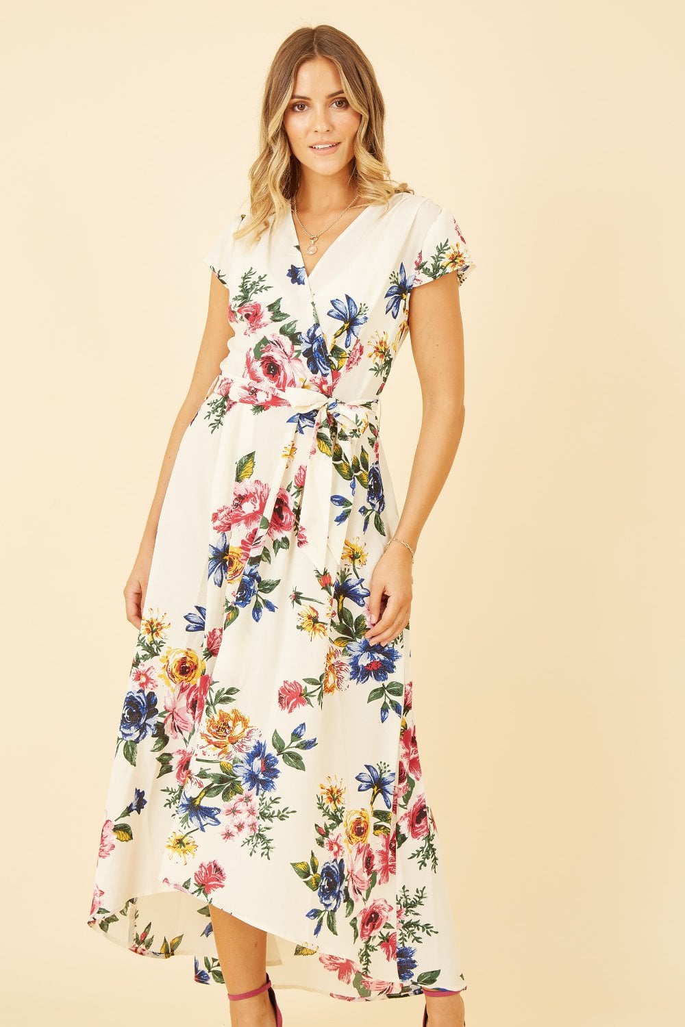 Mela Ivory Floral Wrap Dip Hem Dress Yumi