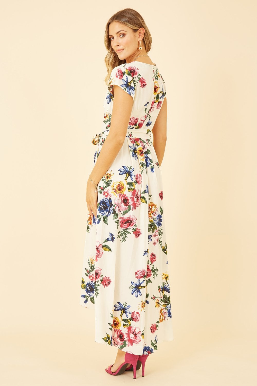 Mela Ivory Floral Wrap Dip Hem Dress Yumi