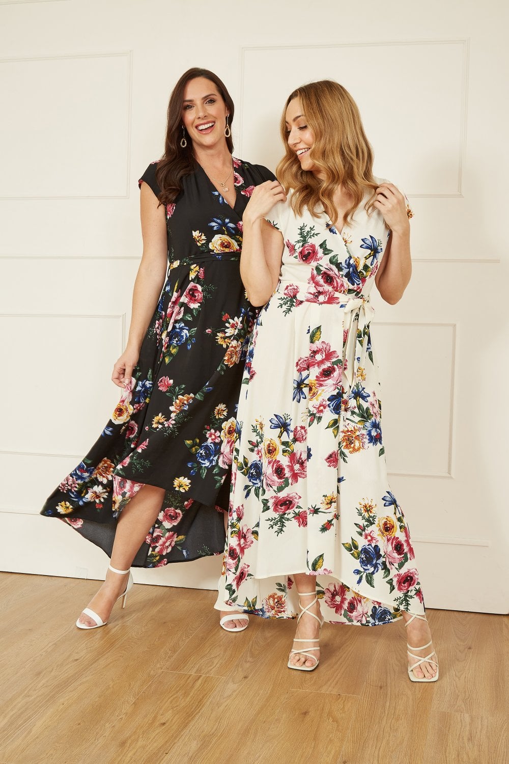 Mela Ivory Floral Wrap Dip Hem Dress Yumi