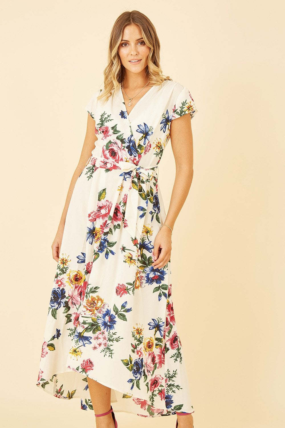 Mela Ivory Floral Wrap Dip Hem Dress Mela