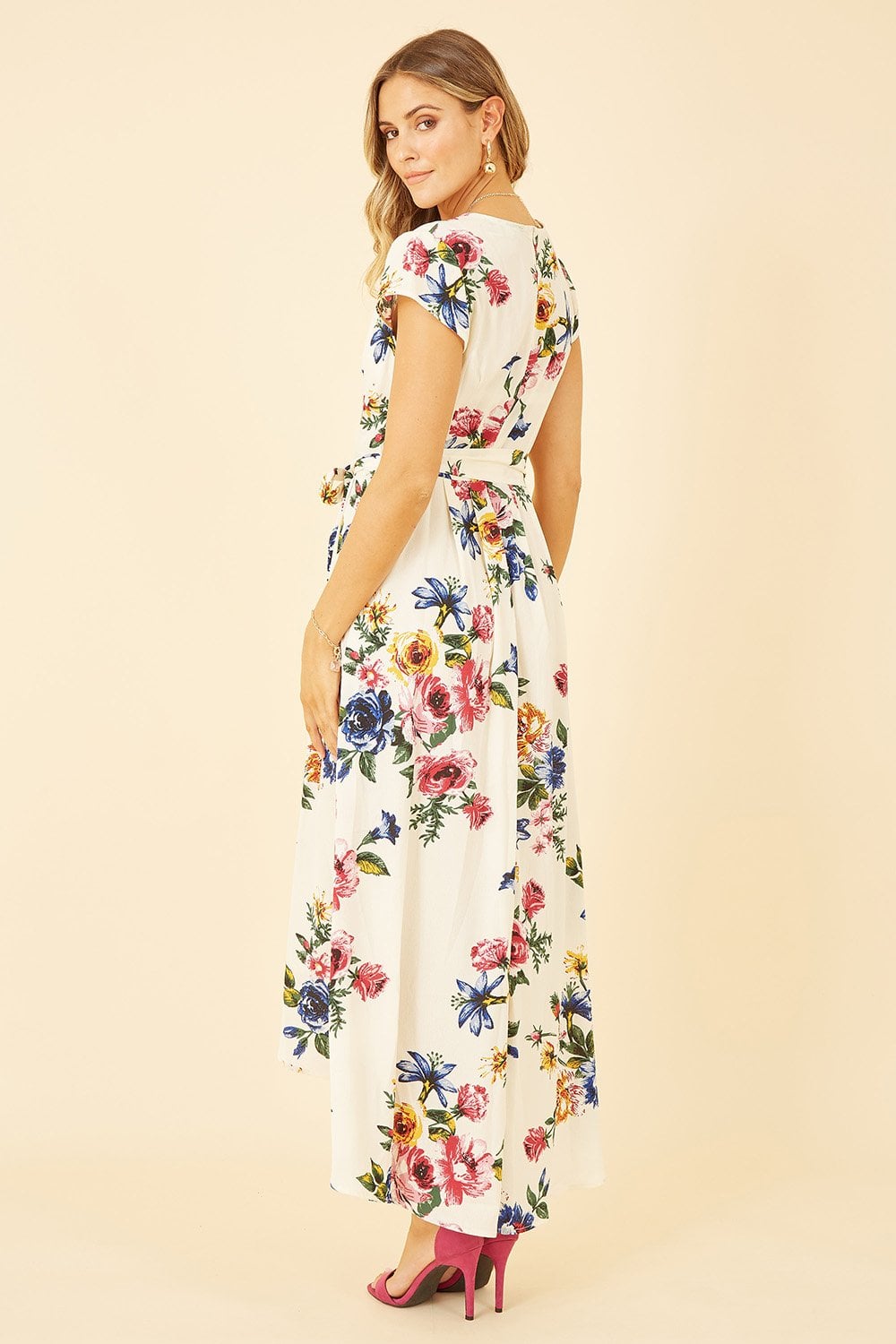 Mela Ivory Floral Wrap Dip Hem Dress Mela