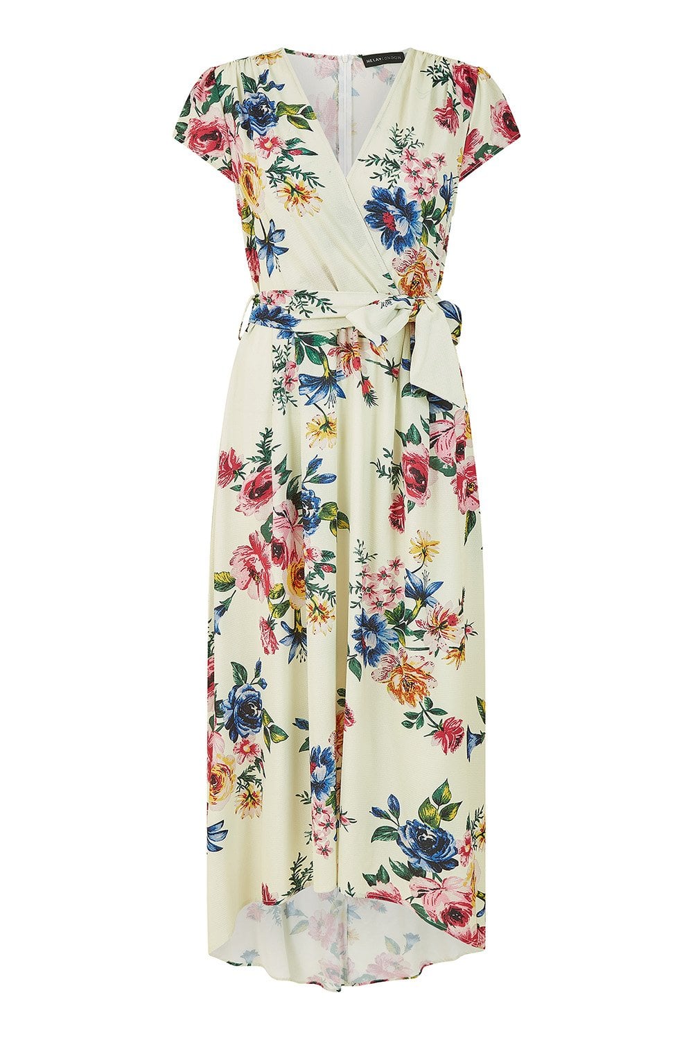 Mela Ivory Floral Wrap Dip Hem Dress Mela