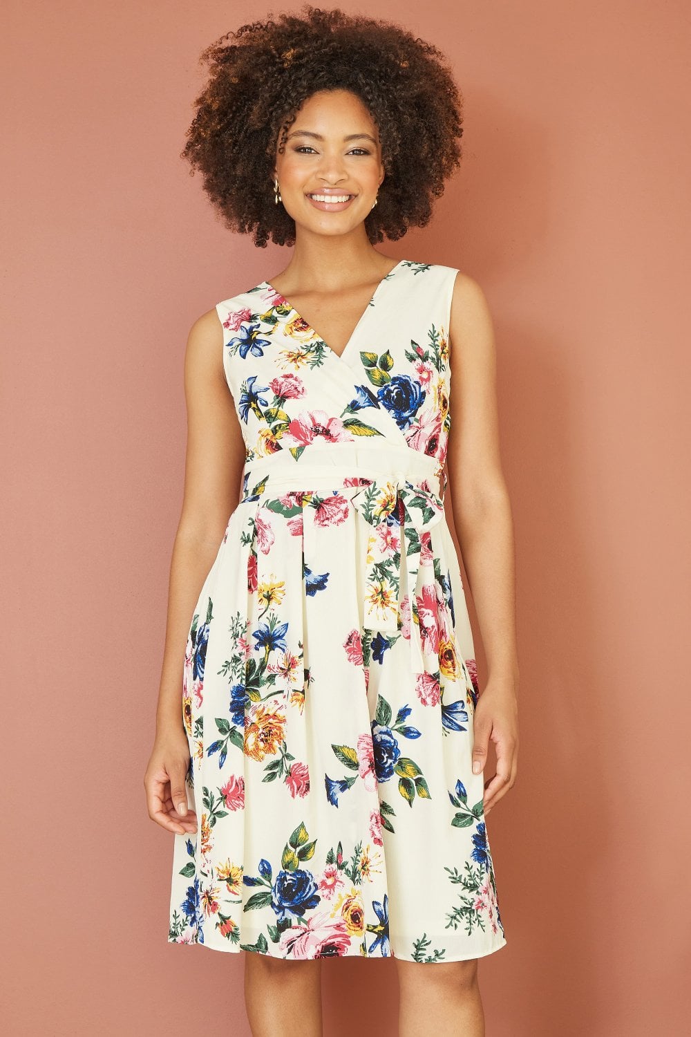 Mela Ivory Floral Wrap Over Midi Skater Dress Yumi