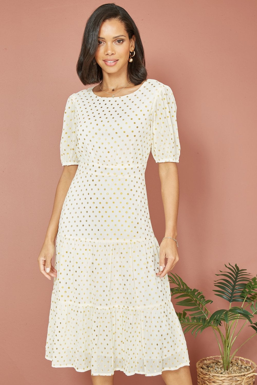 Mela Ivory Gold Foil Spot Midi Dress With Scoop Back Yumi