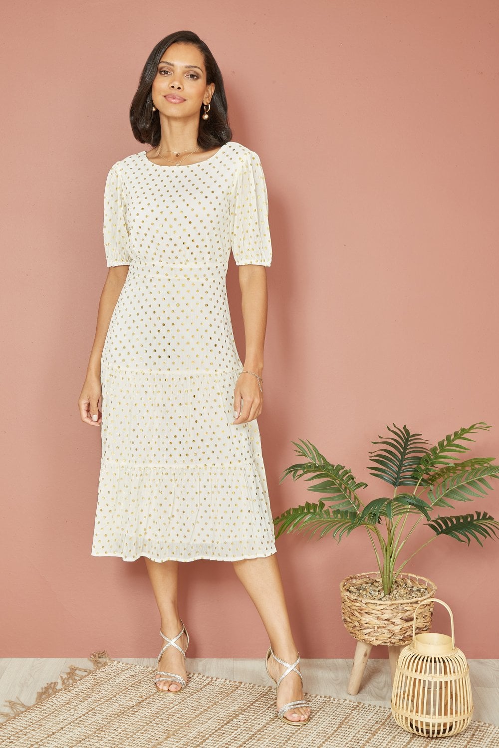 Mela Ivory Gold Foil Spot Midi Dress With Scoop Back Yumi