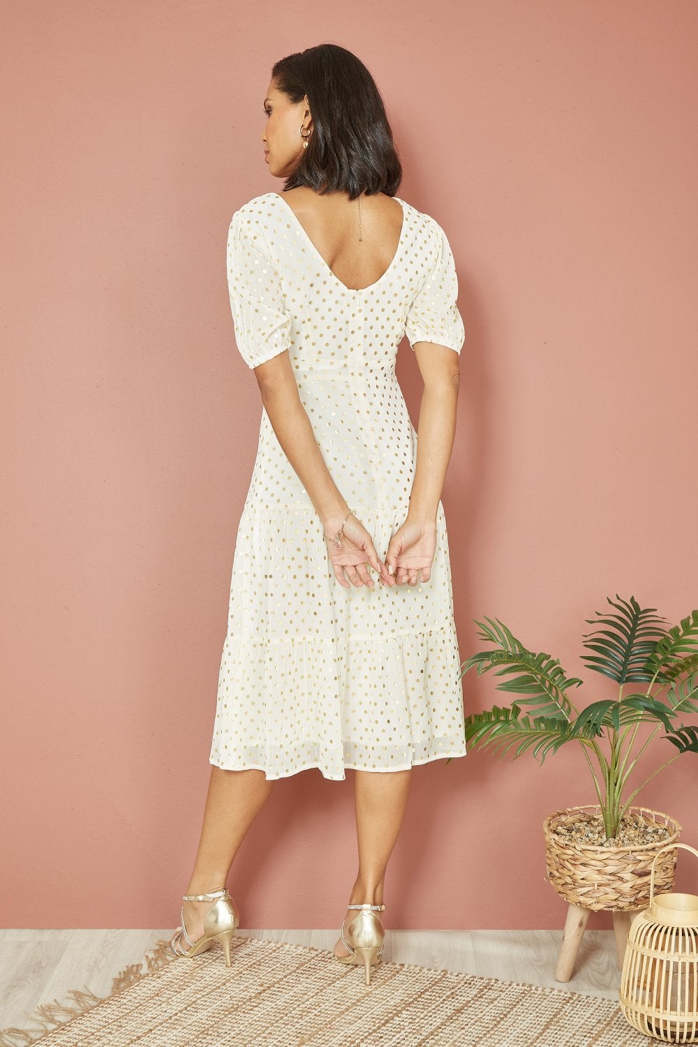 Mela Ivory Gold Foil Spot Midi Dress With Scoop Back Yumi