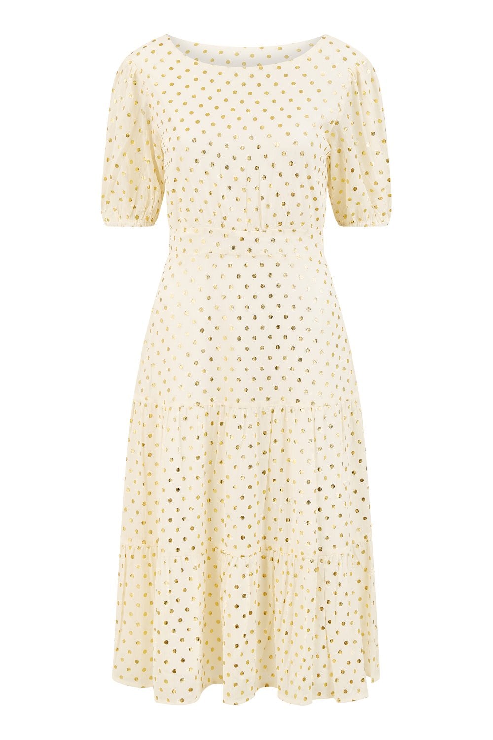 Mela Ivory Gold Foil Spot Midi Dress With Scoop Back Yumi