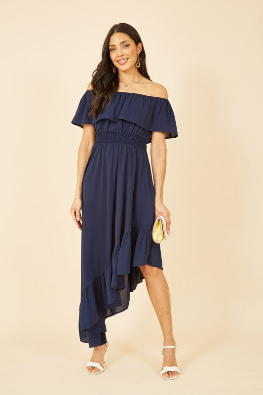 Mela Navy Bardot Maxi Dress With Asymmetric Hem Mela