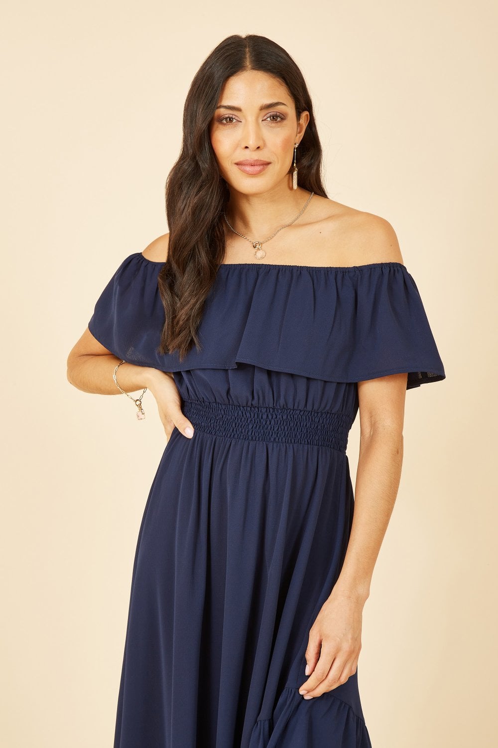 Mela Navy Bardot Maxi Dress With Asymmetric Hem Mela