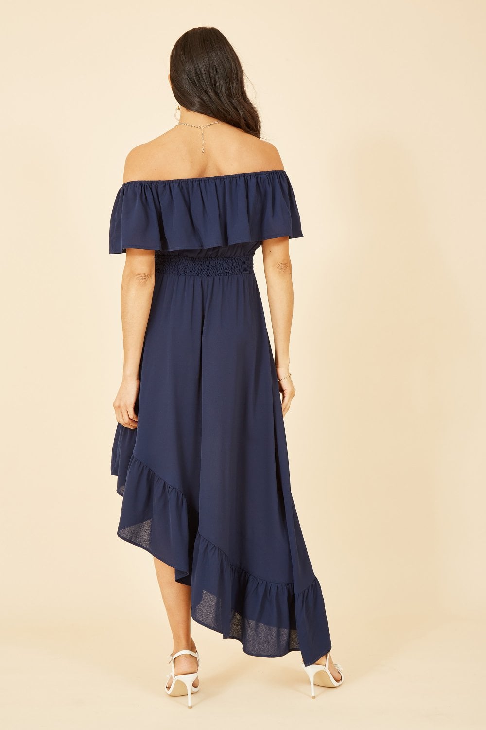 Mela Navy Bardot Maxi Dress With Asymmetric Hem Mela