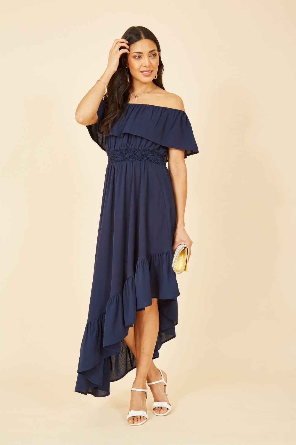 Mela Navy Bardot Maxi Dress With Asymmetric Hem Mela