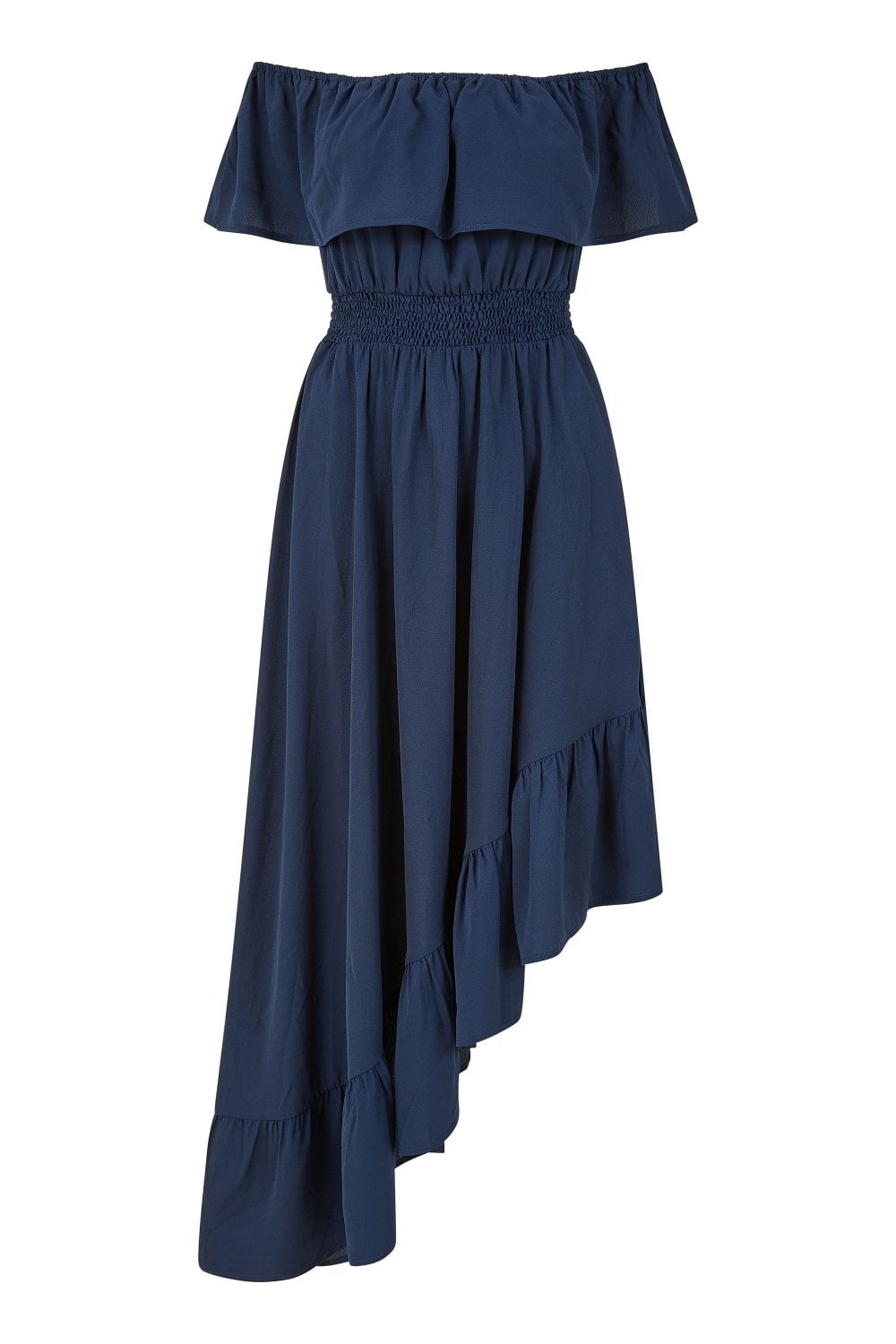 Mela Navy Bardot Maxi Dress With Asymmetric Hem Mela