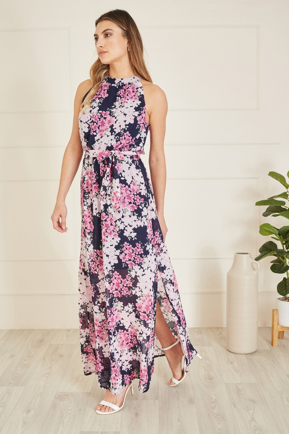 Mela Navy Blossom Halter Neck Maxi Dress With Side Split Mela