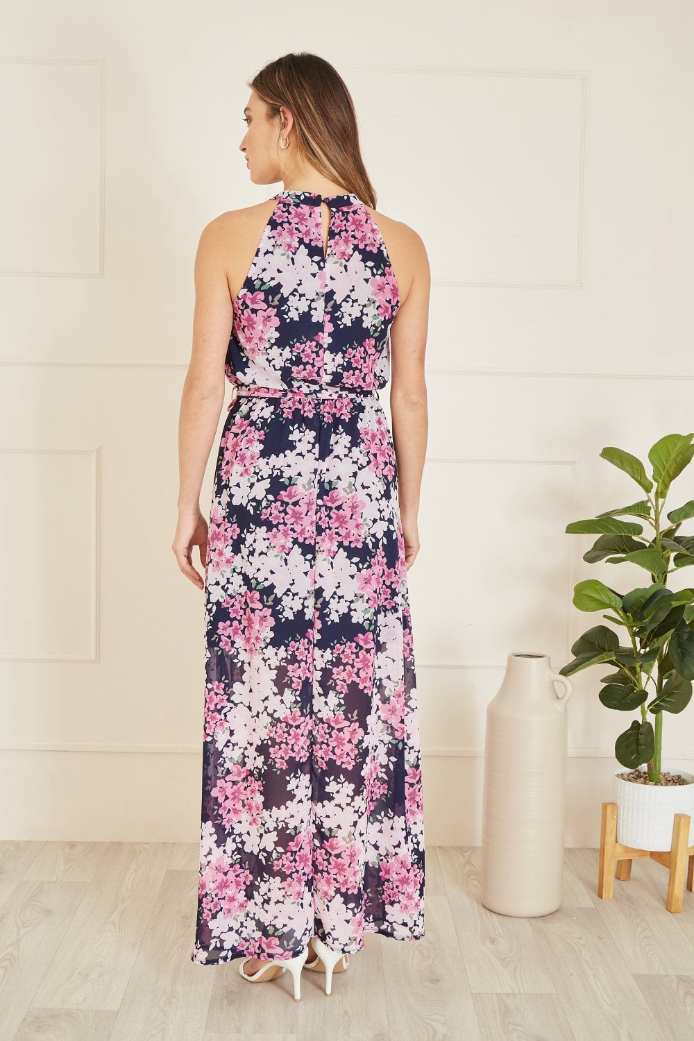 Mela Navy Blossom Halter Neck Maxi Dress With Side Split Mela