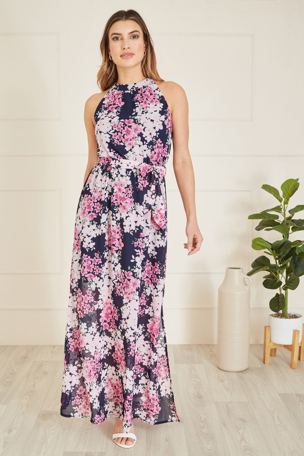 Mela Navy Blossom Halter Neck Maxi Dress With Side Split Mela