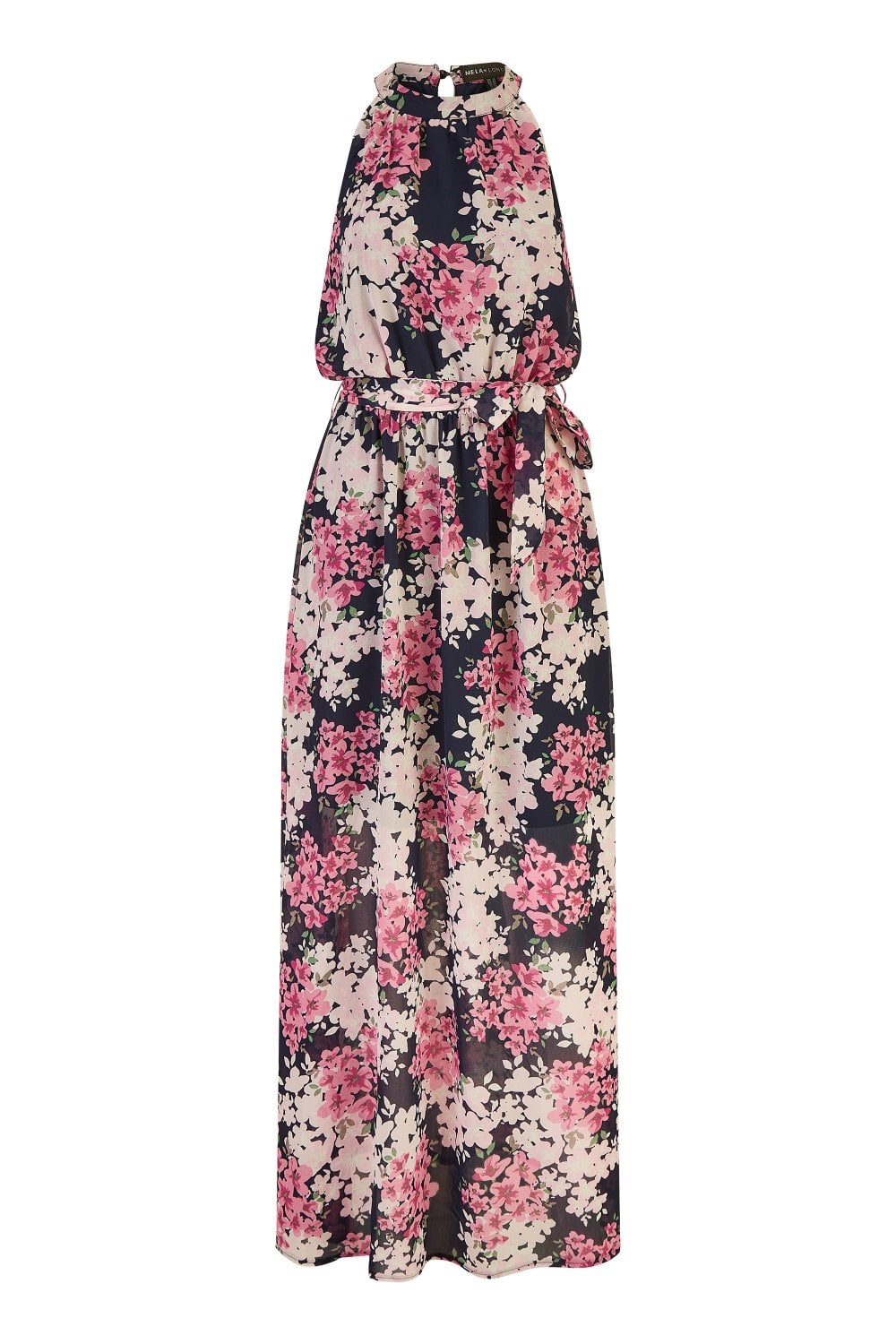 Mela Navy Blossom Halter Neck Maxi Dress With Side Split Mela