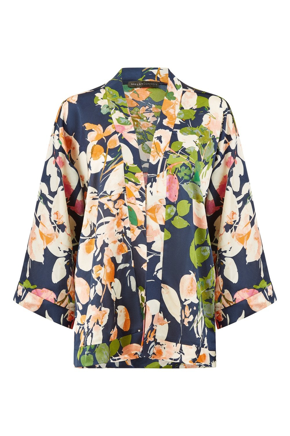 Mela Navy Blossom Print Satin Kimono Mela