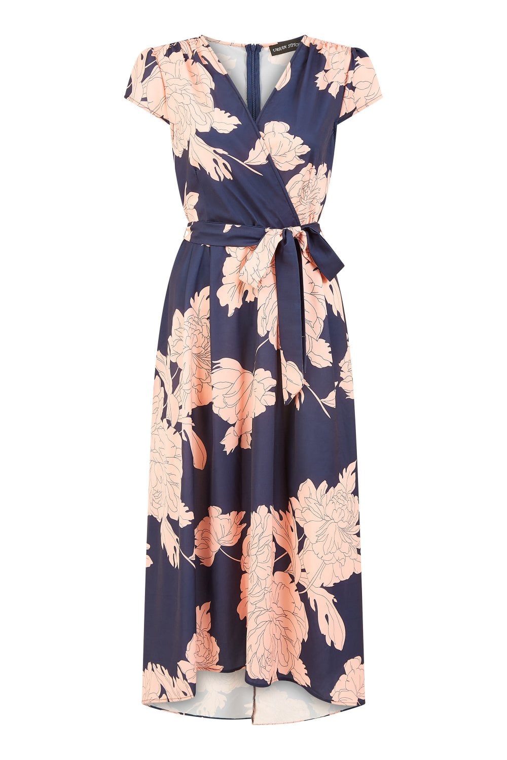 Mela Navy Blossom Print Wrap Midi With Dipped Hem Yumi