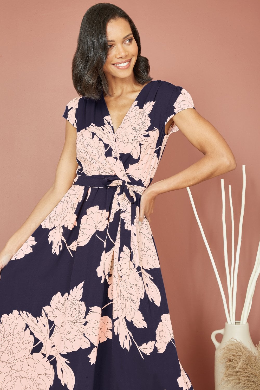 Mela Navy Blossom Print Wrap Midi With Dipped Hem Yumi