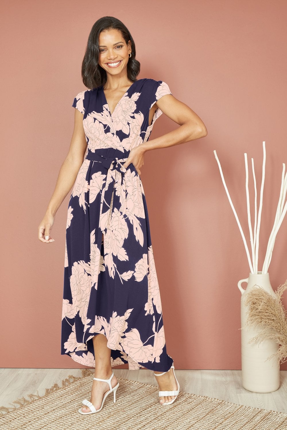 Mela Navy Blossom Print Wrap Midi With Dipped Hem Yumi