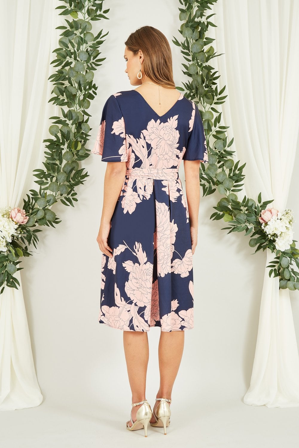 Mela Navy Blossom Print Wrap Skater Dress Mela