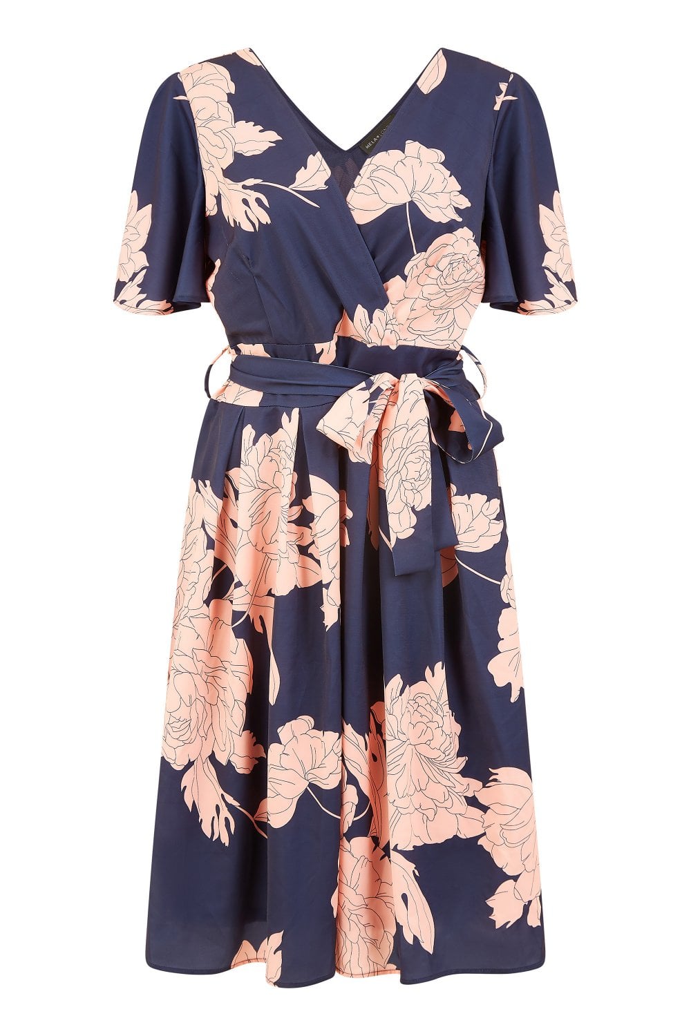 Mela Navy Blossom Print Wrap Skater Dress Mela