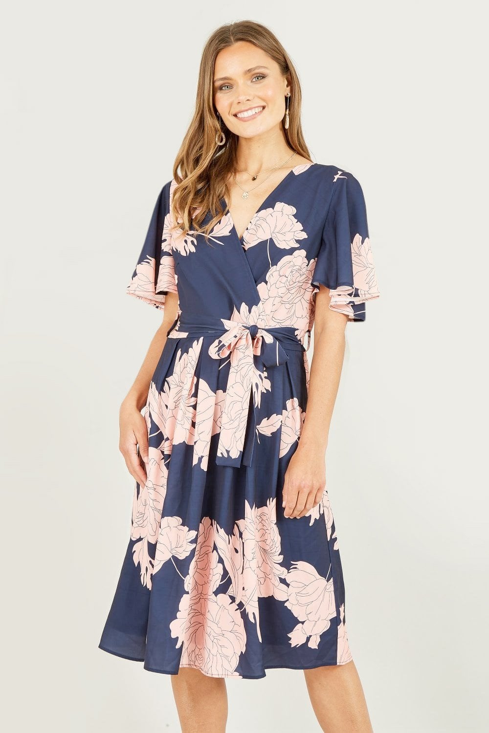 Mela Navy Blossom Print Wrap Skater Dress Mela