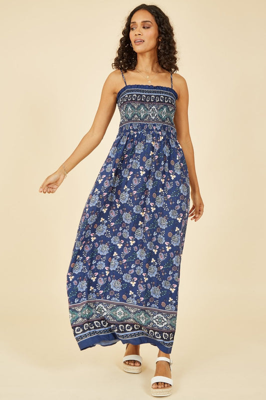 Mela Navy Border Floral Print Shirred Maxi Dress Mela