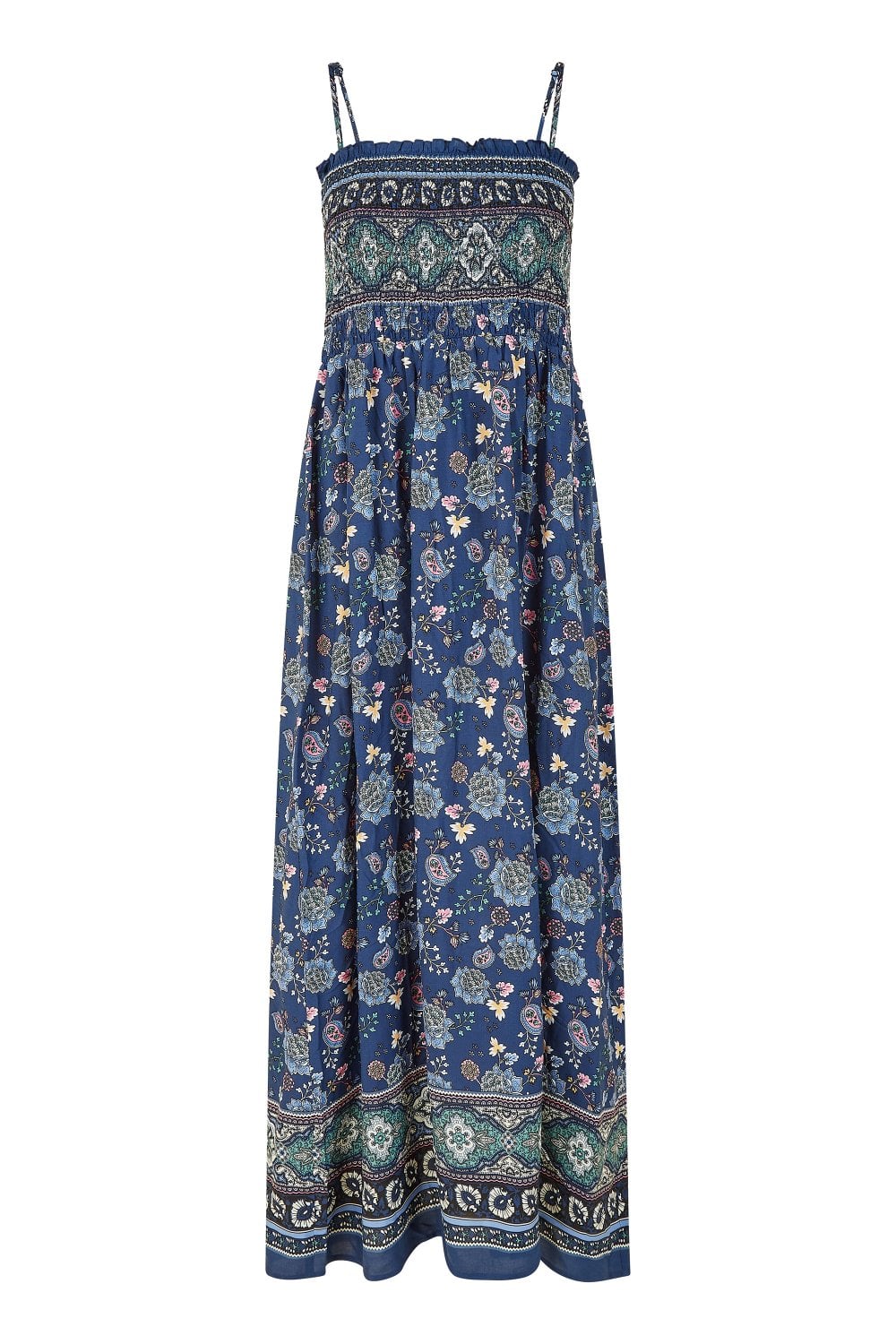 Mela Navy Border Floral Print Shirred Maxi Dress Mela