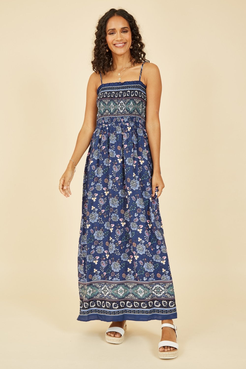 Mela Navy Border Floral Print Shirred Maxi Dress Mela