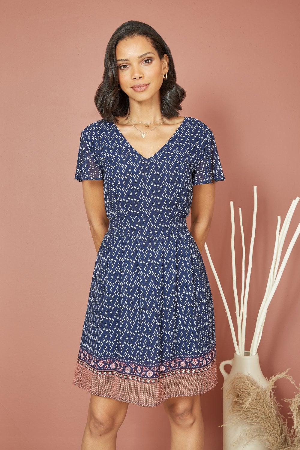 Mela Navy Border Print Skater Dress Mela