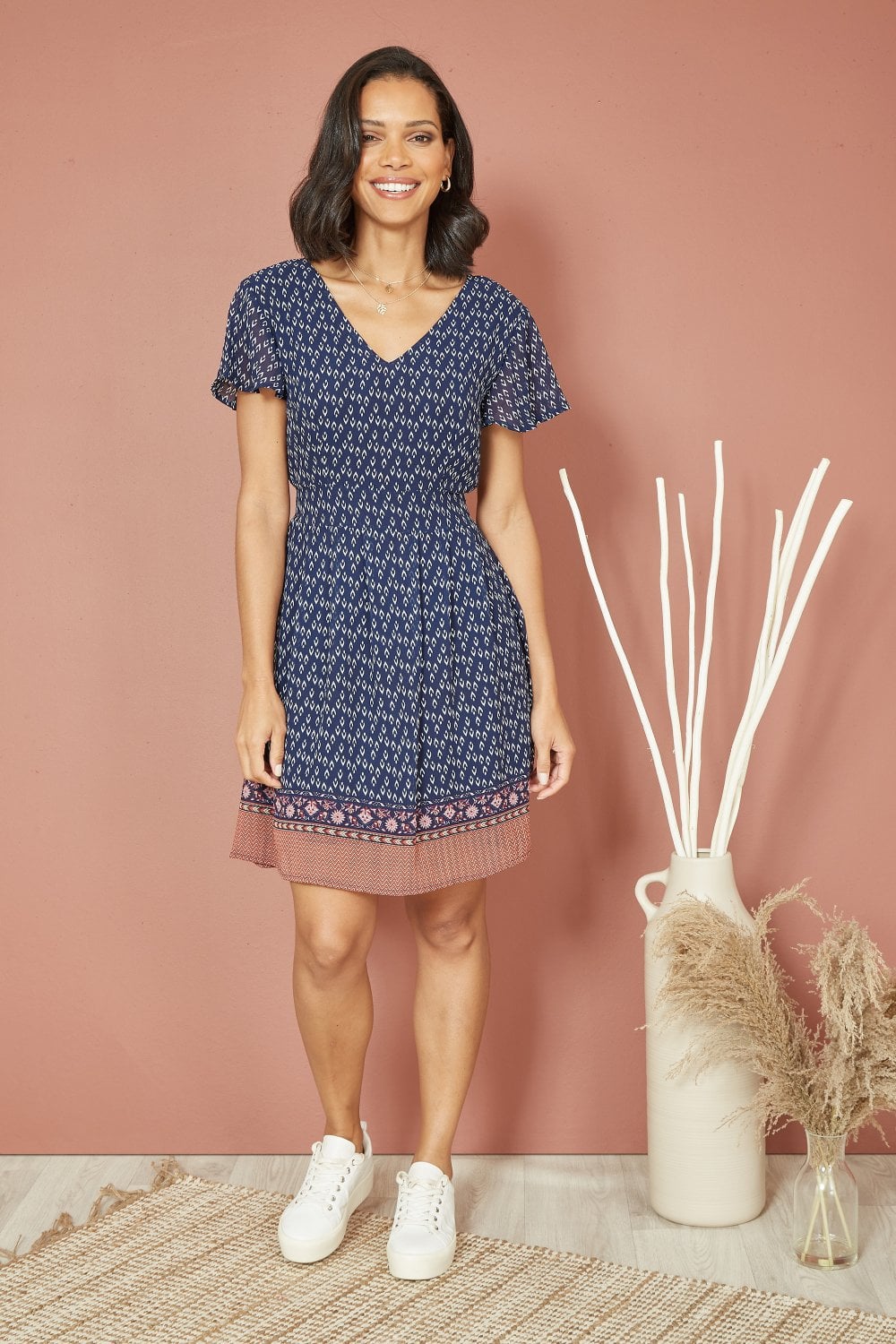 Mela Navy Border Print Skater Dress Mela