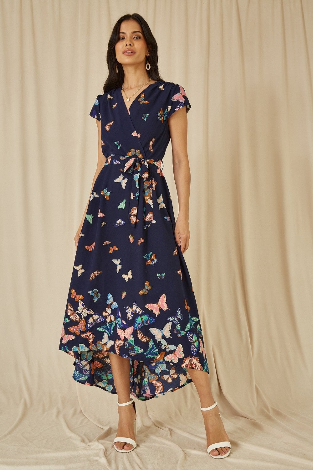 Mela Navy Butterfly Print Dip Hem Midi Wrap Dress Yumi