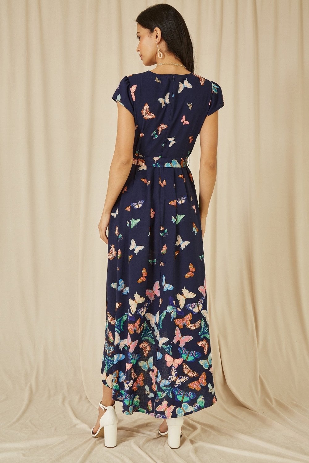 Mela Navy Butterfly Print Dip Hem Midi Wrap Dress Yumi