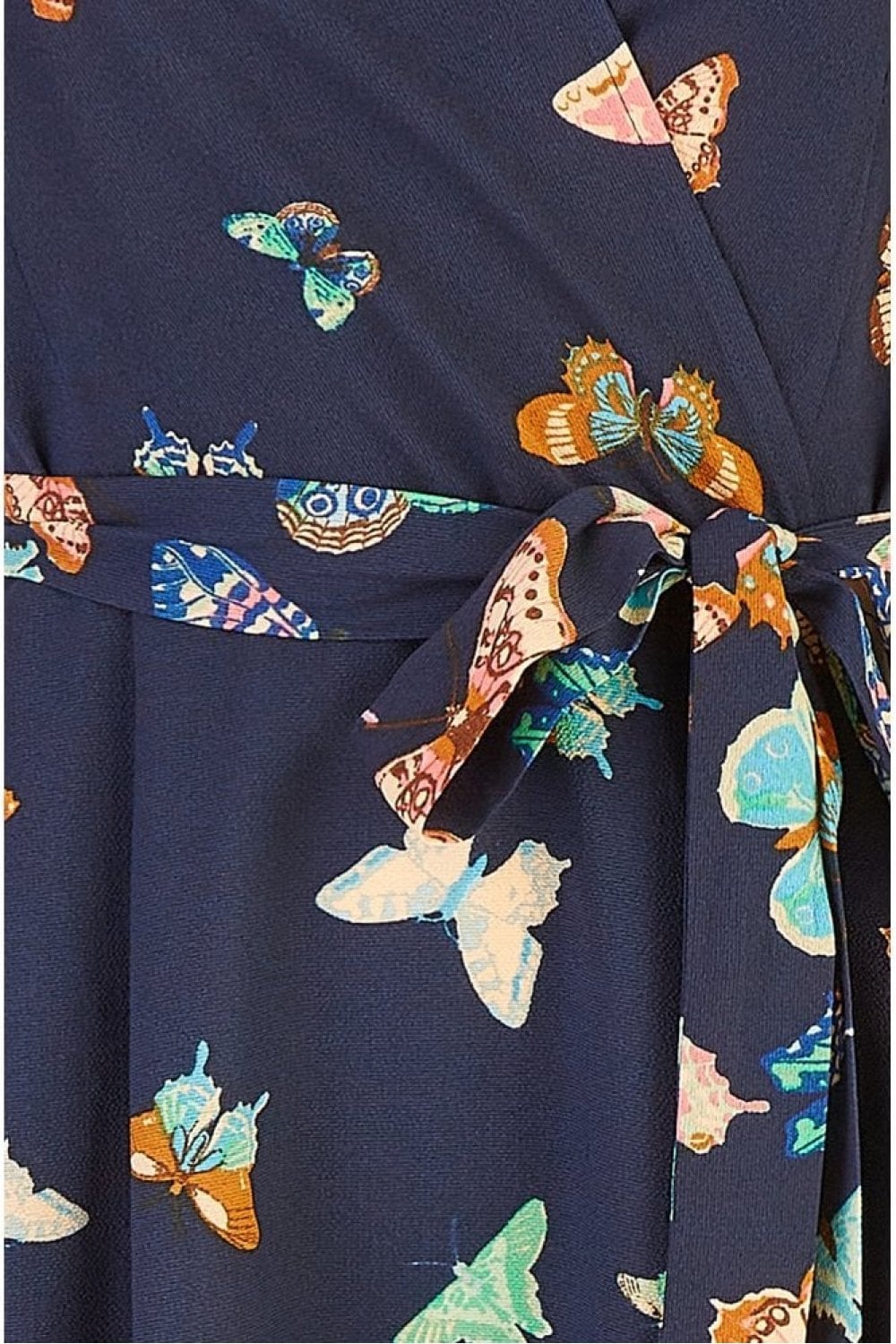 Mela Navy Butterfly Print Dip Hem Midi Wrap Dress Yumi