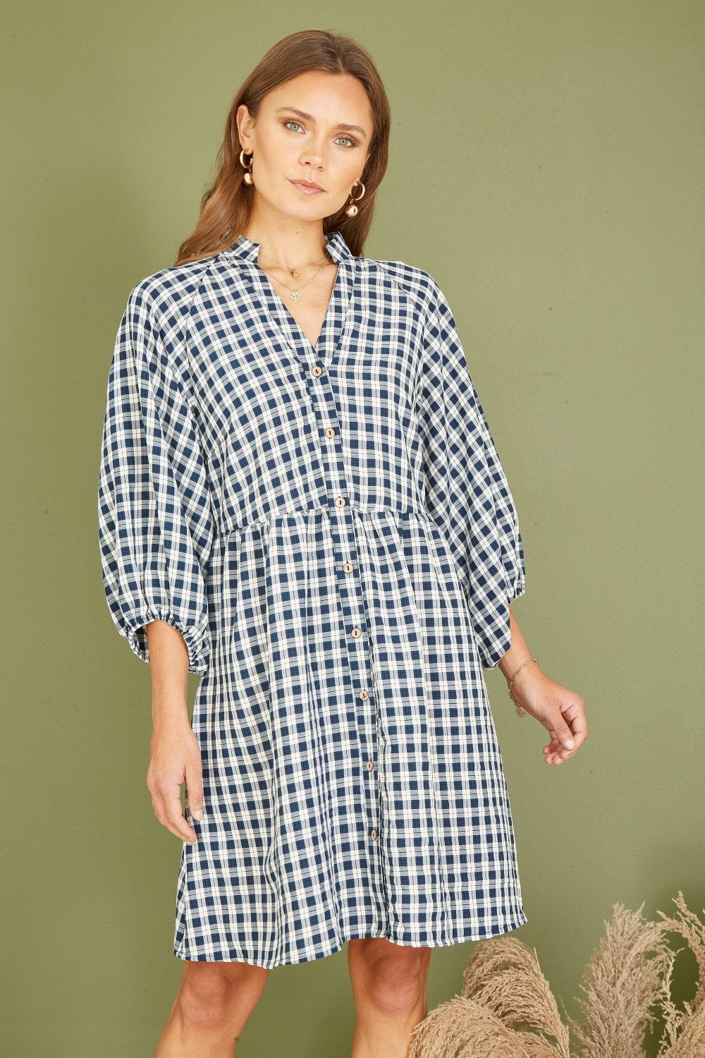 Mela Navy Cotton Checked Button Through Tunic Dress Yumi