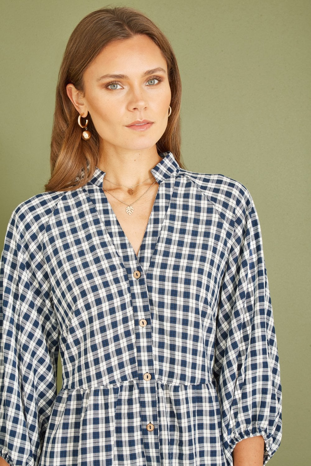 Mela Navy Cotton Checked Button Through Tunic Dress Yumi