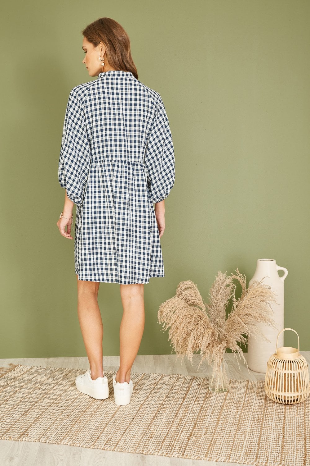 Mela Navy Cotton Checked Button Through Tunic Dress Yumi