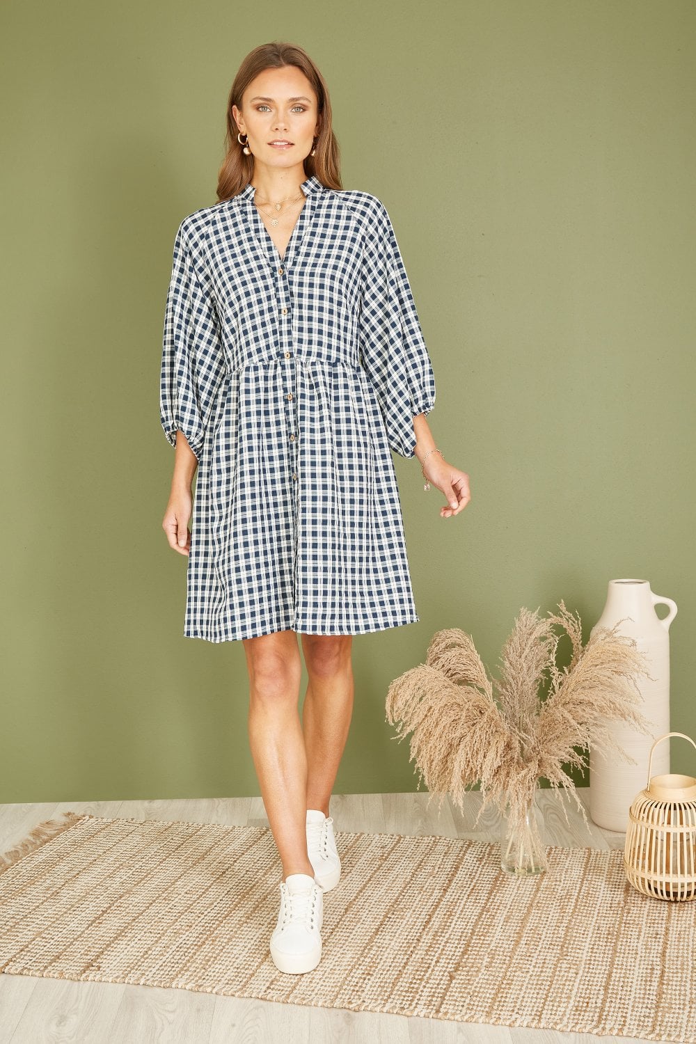 Mela Navy Cotton Checked Button Through Tunic Dress Yumi