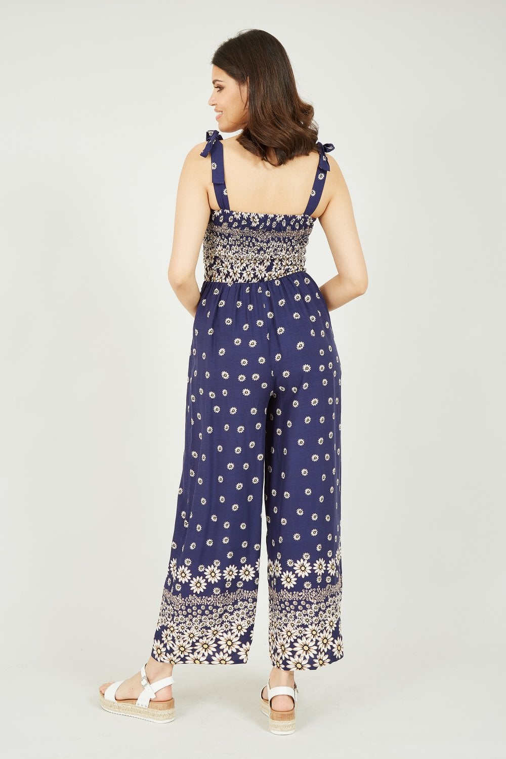 Mela Navy Daisy Border Shirred Tie Jumpsuit Mela