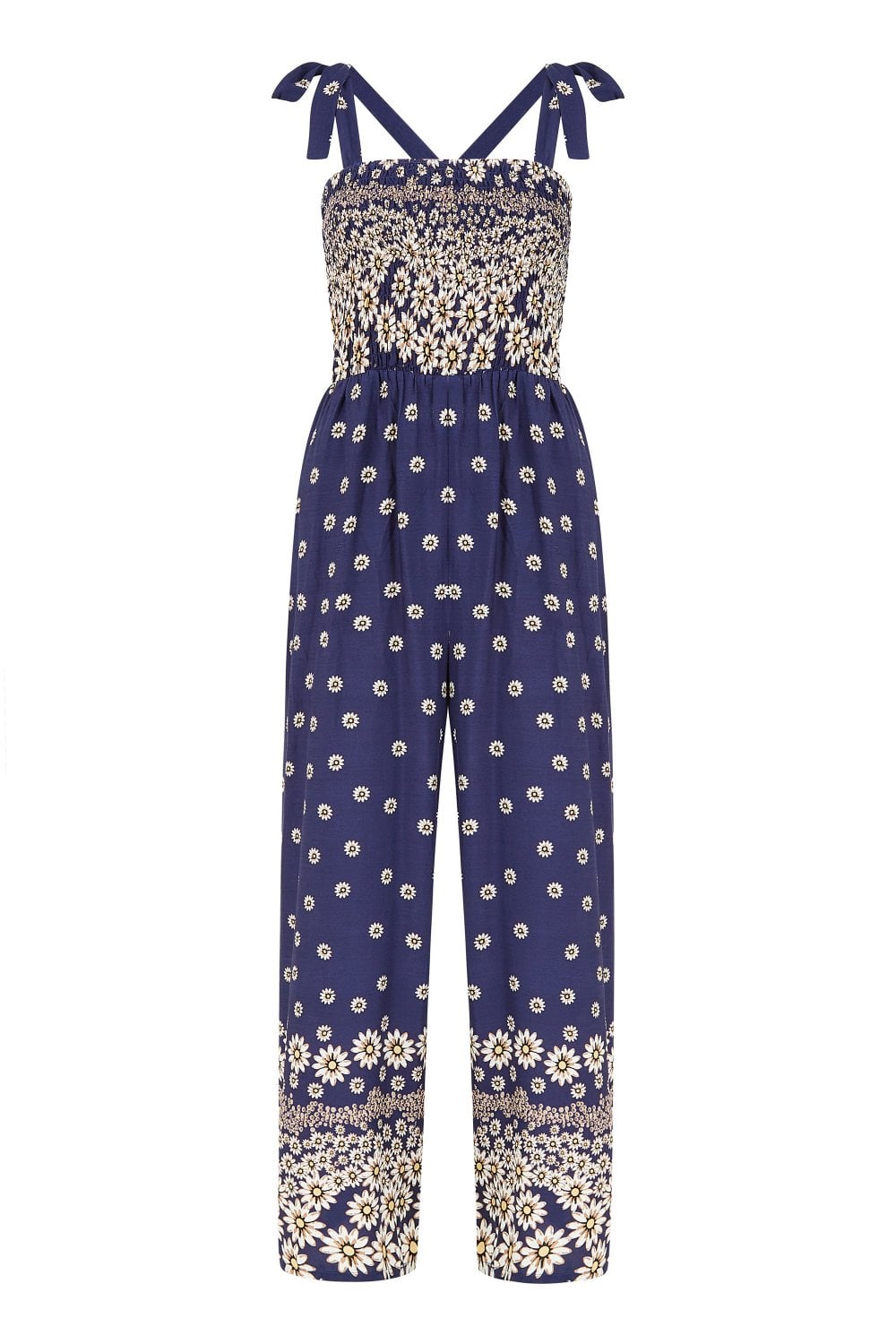 Mela Navy Daisy Border Shirred Tie Jumpsuit Mela