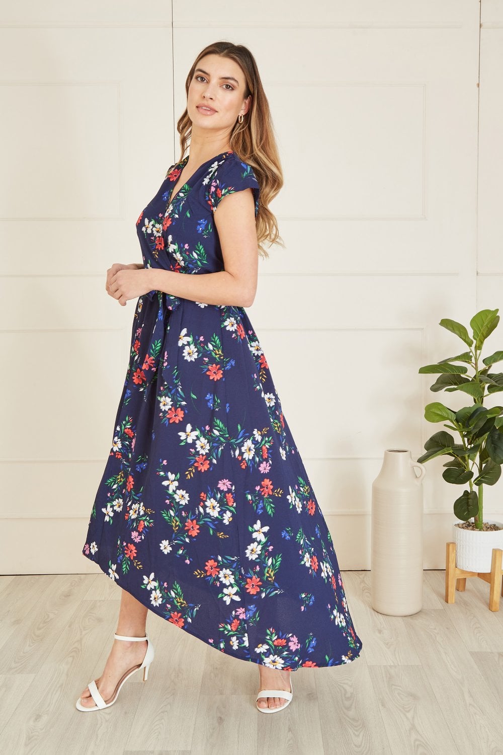 Mela Navy Daisy Print Wrap Over Midi Dress With Dipped Hem Yumi