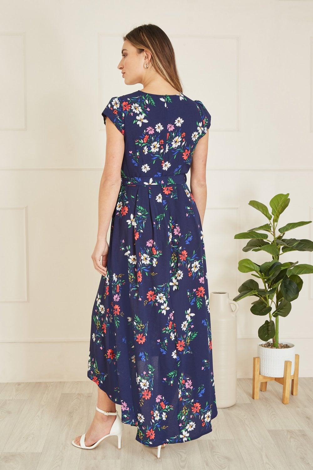 Mela Navy Daisy Print Wrap Over Midi Dress With Dipped Hem Yumi