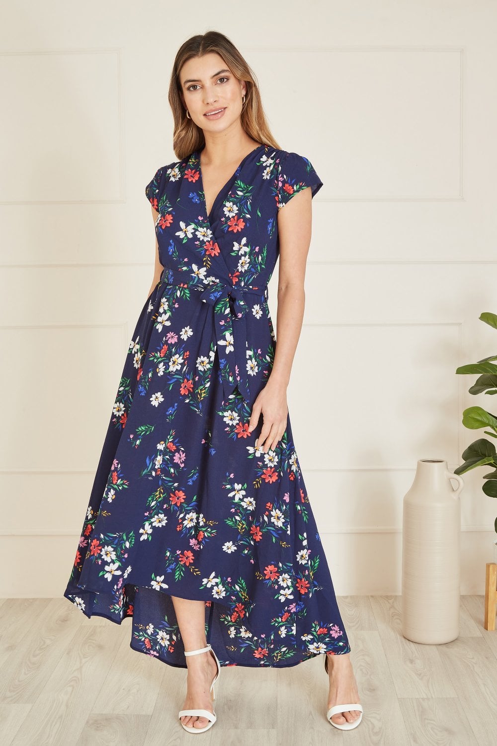 Mela Navy Daisy Print Wrap Over Midi Dress With Dipped Hem Yumi