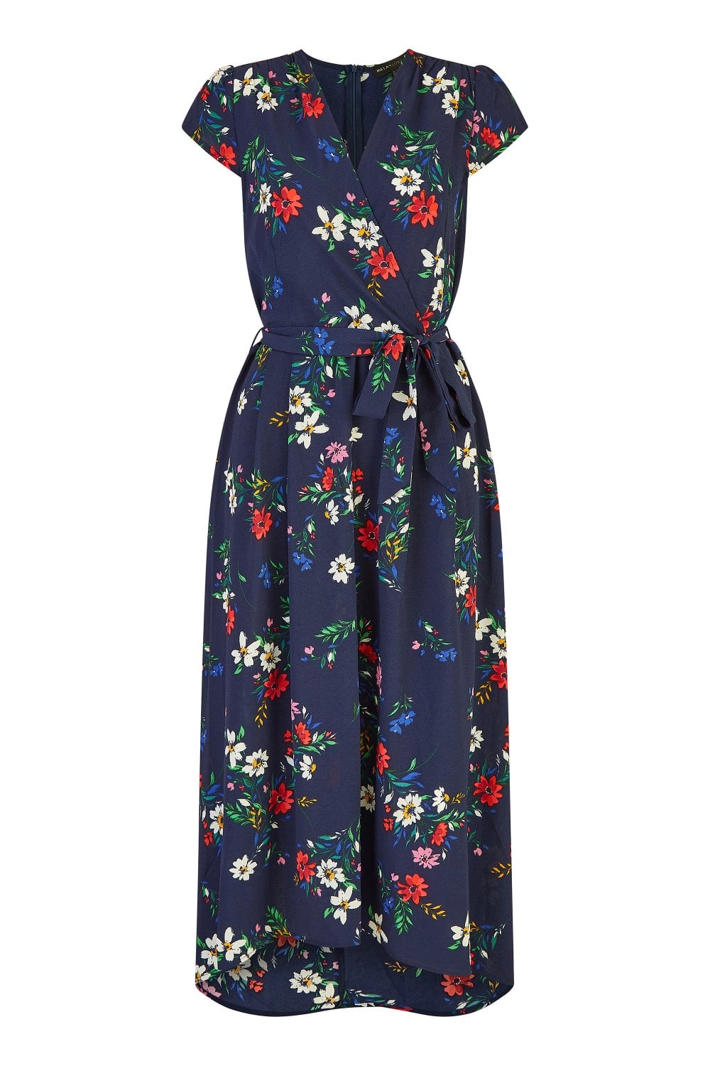 Mela Navy Daisy Print Wrap Over Midi Dress With Dipped Hem Yumi