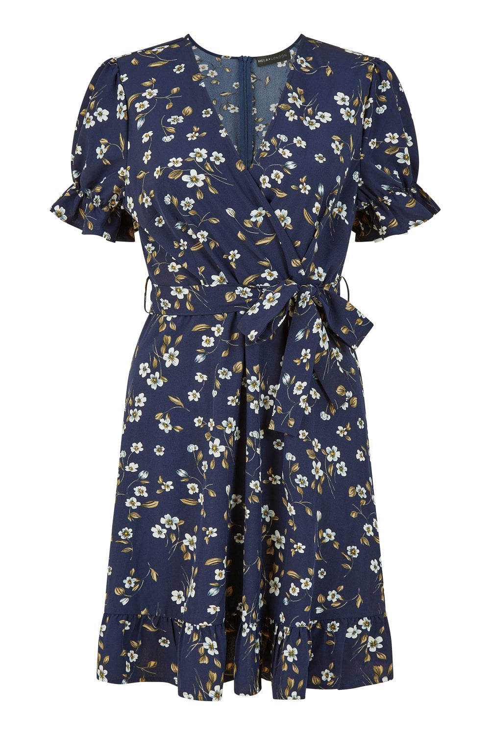 Mela Navy Daisy Print Wrap Over Mini Dress Yumi