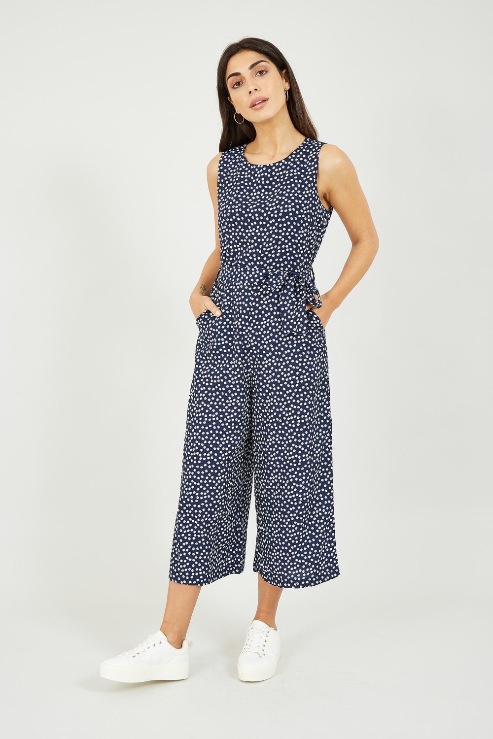 Mela Navy Ditsy Daisy Sleeveless Culotte Jumpsuit Mela